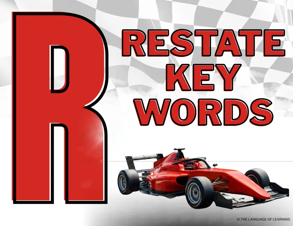 RACE writing strategy R poster: a large red R and a red race car beside the first step, Restate Key Words