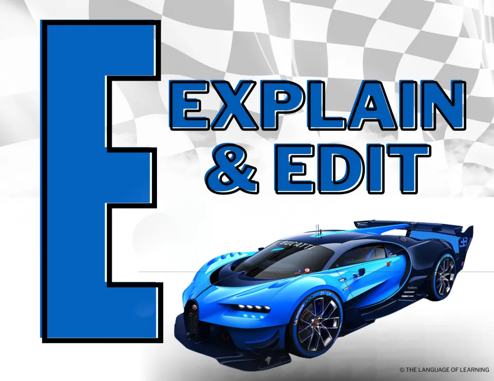 RACE writing strategy E poster: a large blue E and a blue sports car beside the last step, Explain & Edit