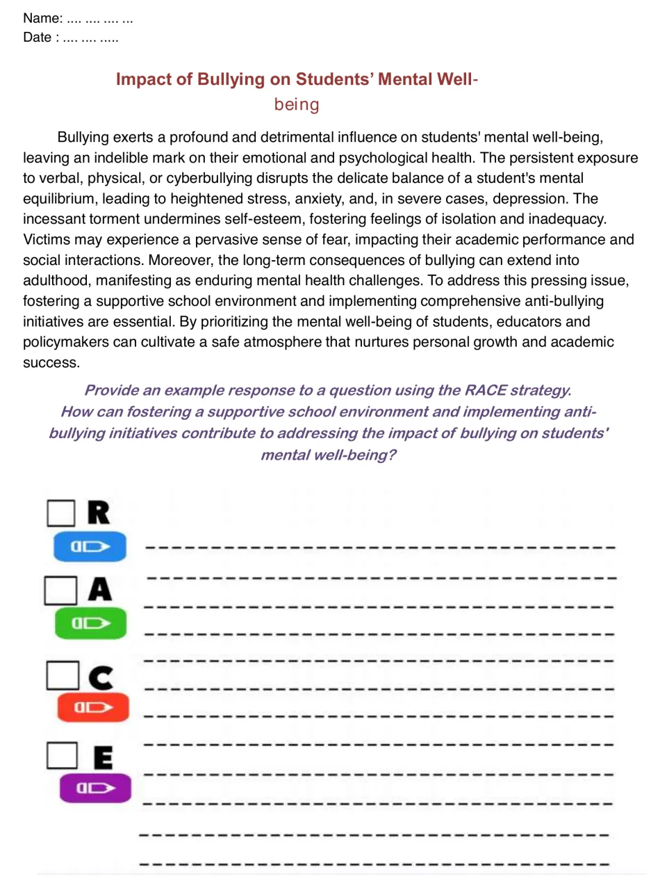 Bullying and mental well-being passage: students write a RACE response on how anti-bullying efforts help students