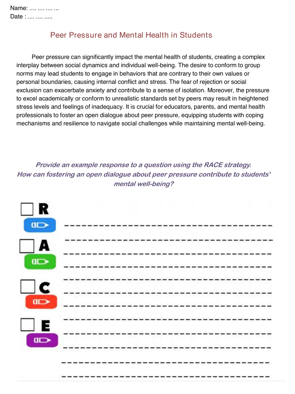 Peer pressure reading: students write a RACE response explaining how open dialogue about peer pressure supports well-being