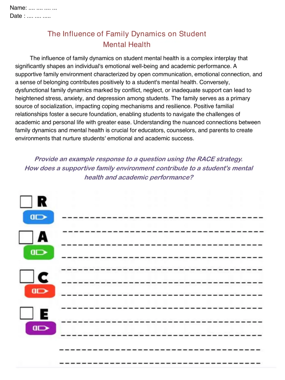 Family dynamics passage: students answer with RACE how a supportive family helps mental health and academic performance