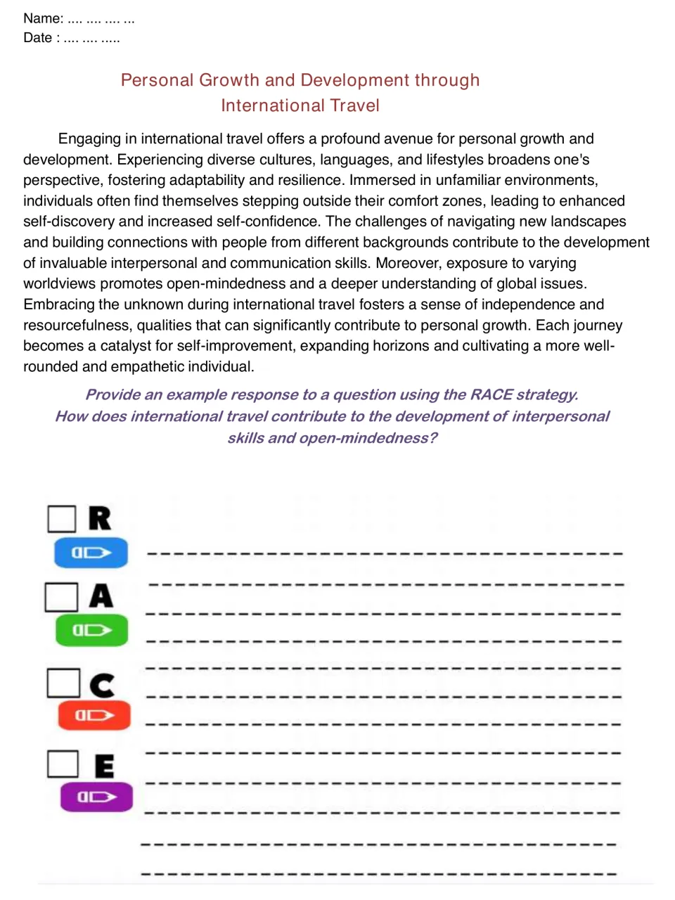 Personal growth through international travel: students read, then use RACE to explain gains in interpersonal skills