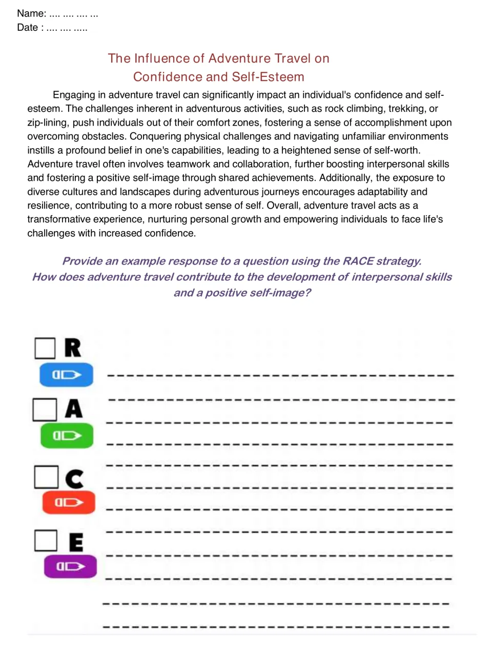 Adventure travel and self-esteem: students read about rock climbing and trekking, then answer with the RACE strategy