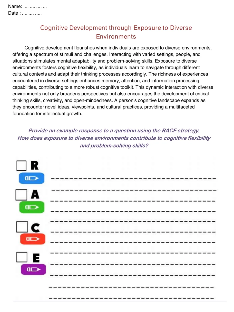 Cognitive development in diverse environments: students use RACE on how variety builds flexibility and problem-solving