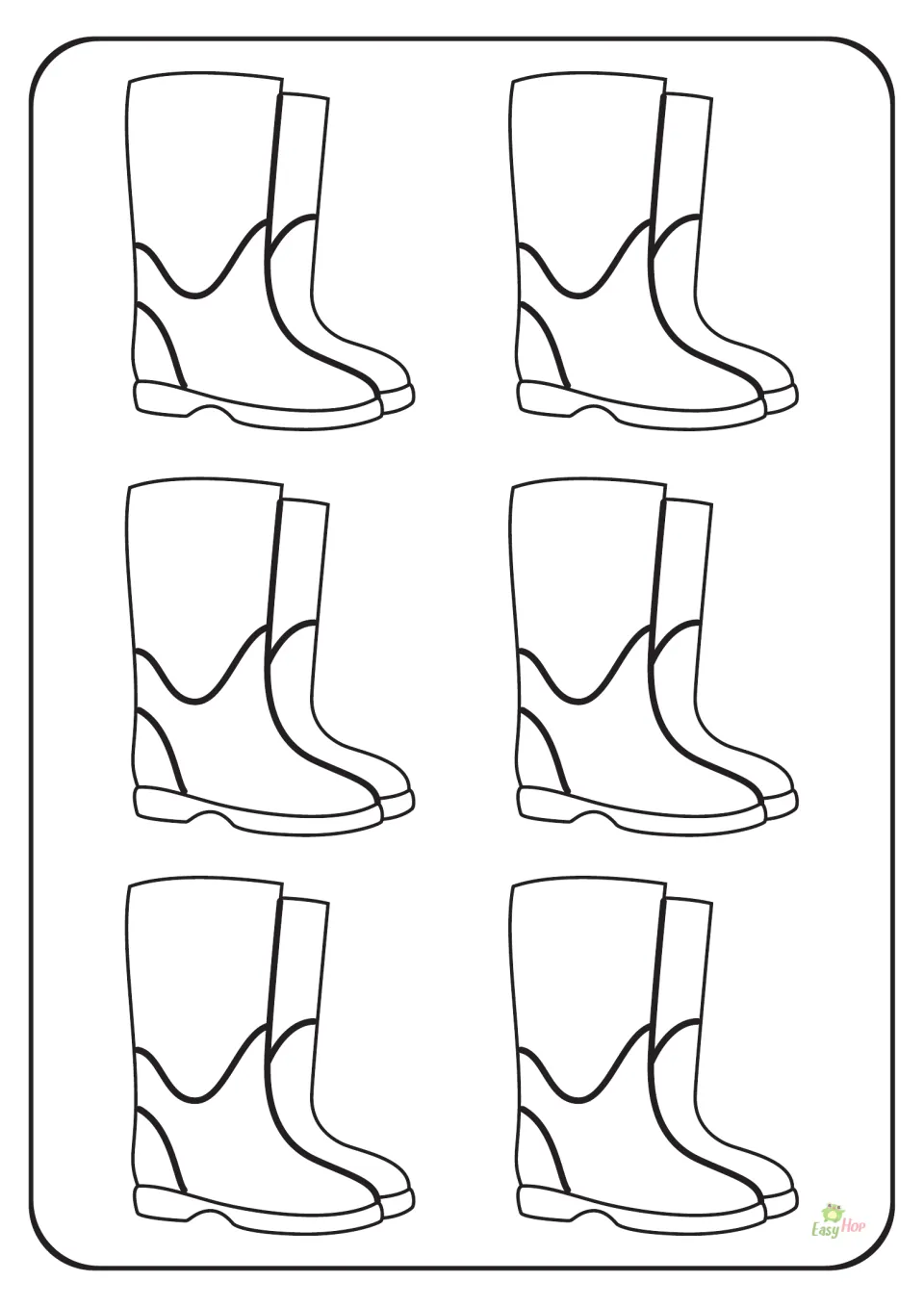Rainboots template page in the weather set, featuring six small pairs of boots for cutting and tracing.