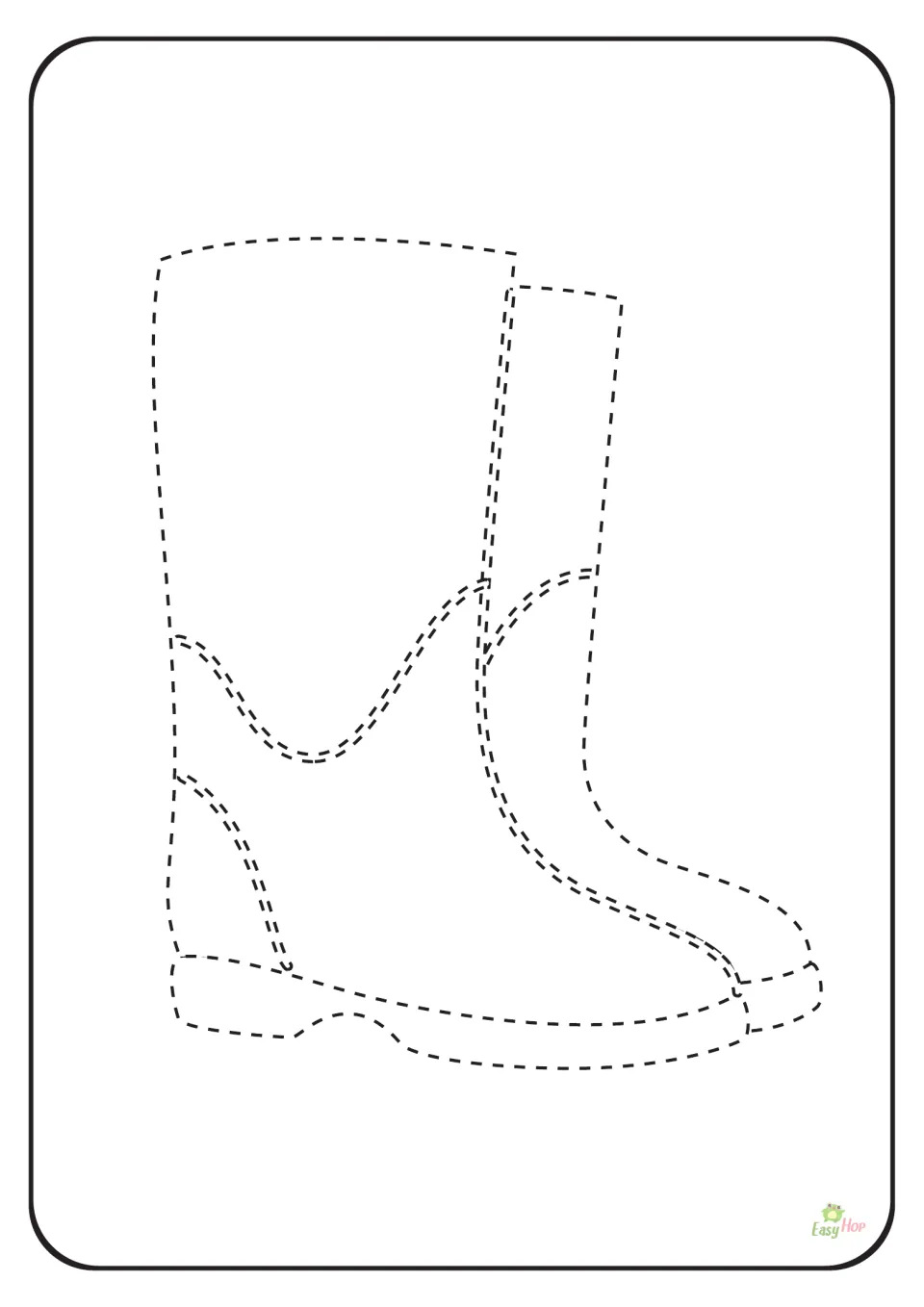 Rainboots tracing page in the weather set, featuring one large pair of boots drawn with dashed outlines.