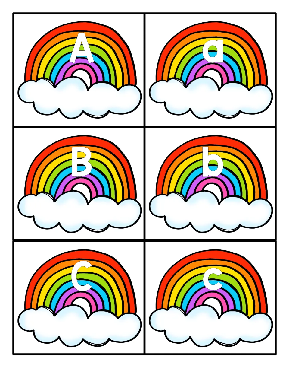 Letters A, B and C: six rainbow-and-cloud cards to cut apart, each uppercase beside its lowercase for letter matching