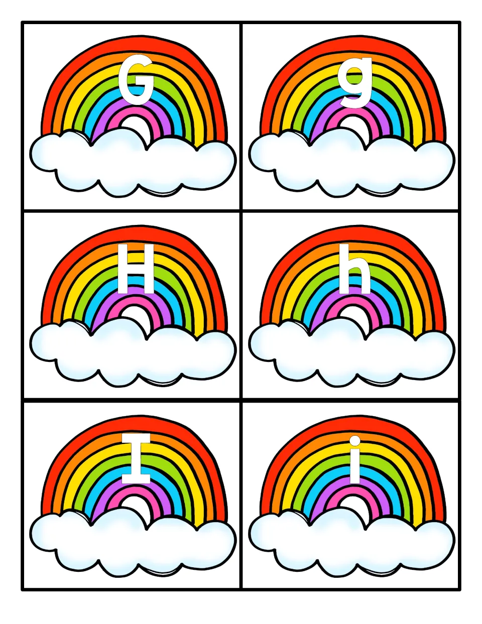 Letters G, H and I: six rainbow cards pairing uppercase G, H, I with lowercase g, h, i for letter recognition