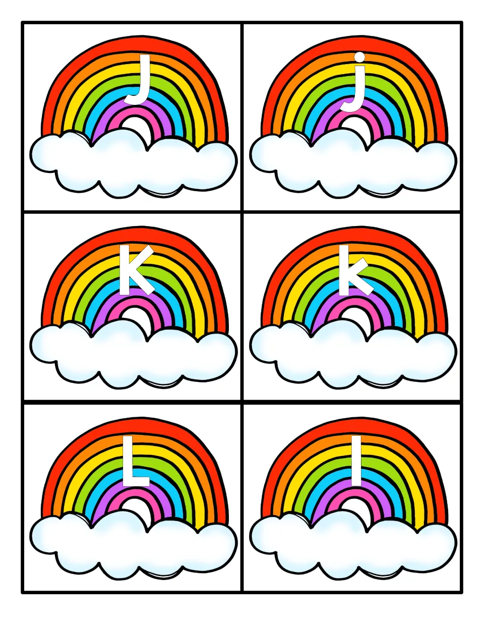 Letters J, K and L: rainbow cards with capital J, K, L and lowercase j, k, l to match uppercase to lowercase