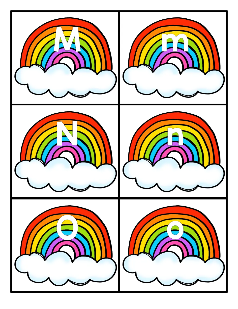 Letters M, N and O: six cards with white letters on rainbows, uppercase M, N, O beside lowercase m, n, o to match