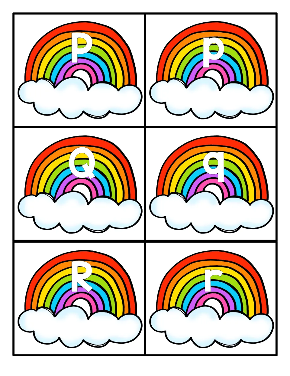 Letters P, Q and R: rainbow cards pairing capital P, Q, R with lowercase p, q, r, including the tricky p and q pair