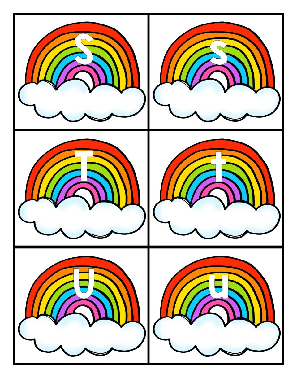 Letters S, T and U: six rainbow cards with uppercase S, T, U and lowercase s, t, u for uppercase-lowercase matching