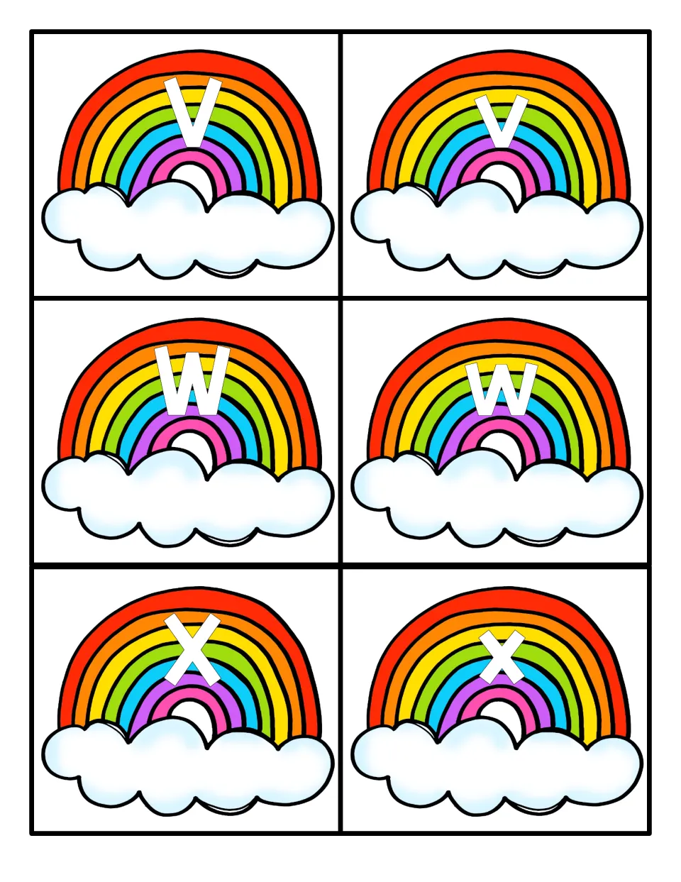 Letters V, W and X: rainbow cards showing capital V, W, X next to lowercase v, w, x for practising letter pairs