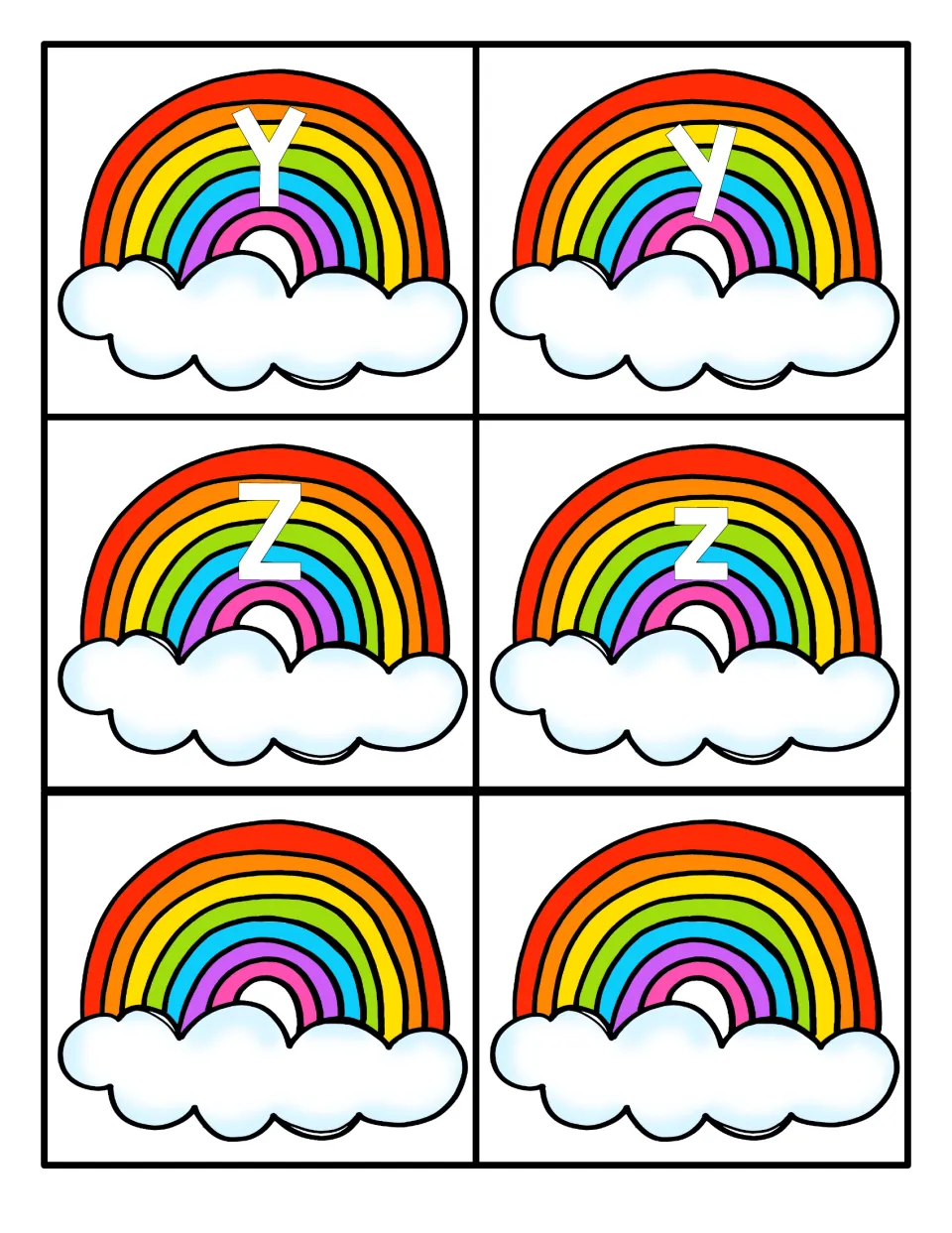 Letters Y and Z: rainbow cards with uppercase Y, Z and lowercase y, z, plus two blank rainbow cards with no letter