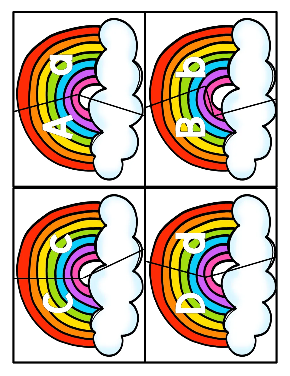 Letter matching A to D: four rainbow puzzles, each cut in two, pairing uppercase A, B, C, D with lowercase a, b, c, d