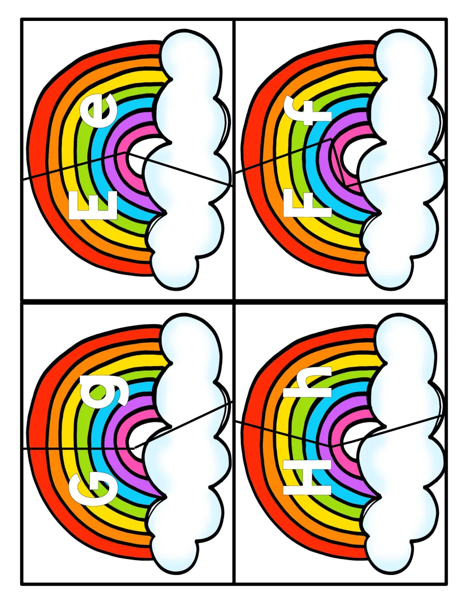 Letter matching E to H: students join two rainbow puzzle pieces to pair uppercase E, F, G, H with lowercase e, f, g, h