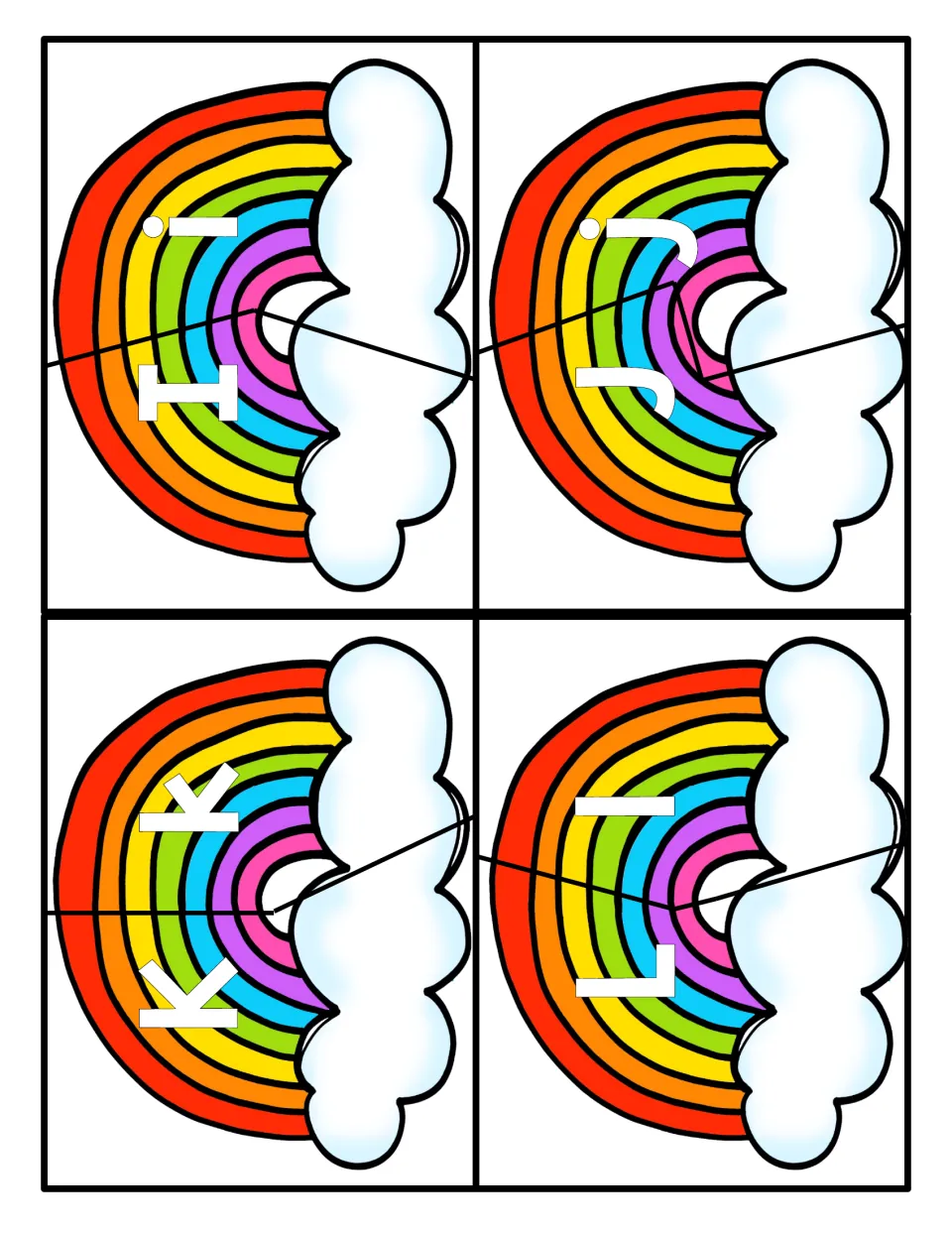 Letter matching I to L: rainbow puzzles cut in two so students pair uppercase I, J, K, L with lowercase i, j, k, l