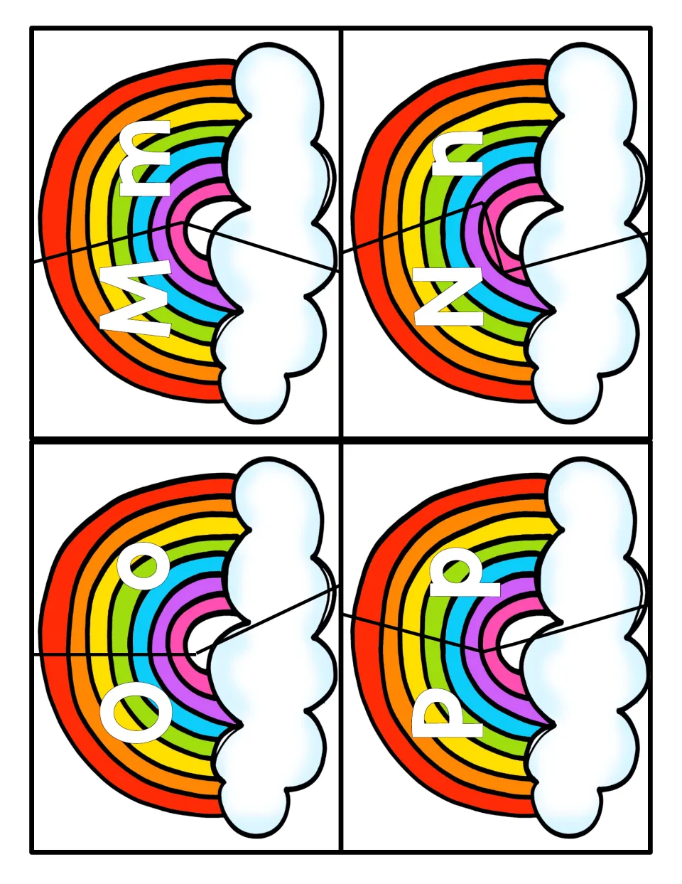 Letter matching M to P: students fit rainbow puzzle halves together to pair capital M, N, O, P with lowercase m, n, o, p