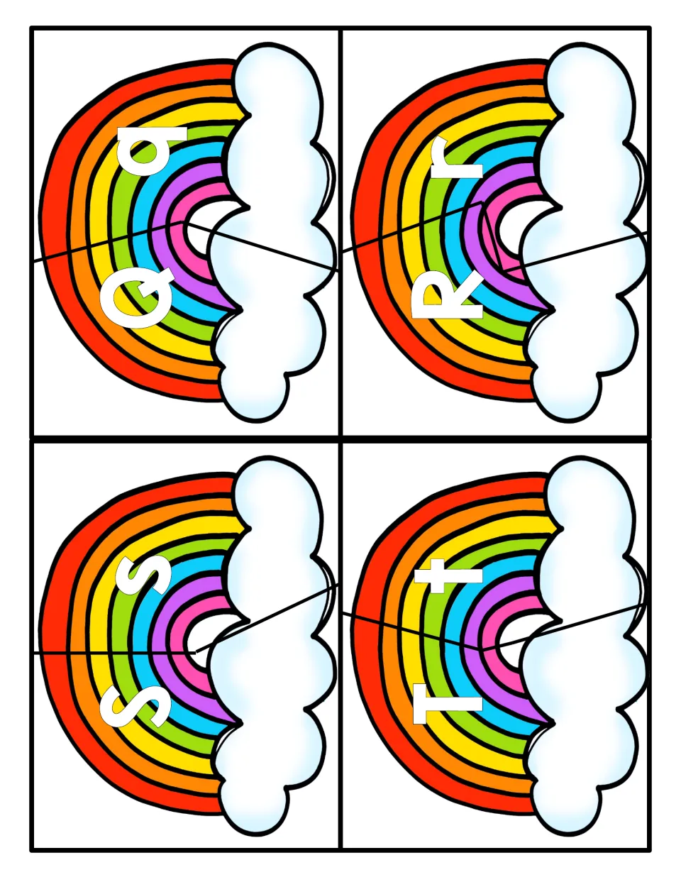 Letter matching Q to T: two-piece rainbow puzzles that pair uppercase Q, R, S, T with lowercase q, r, s, t when joined