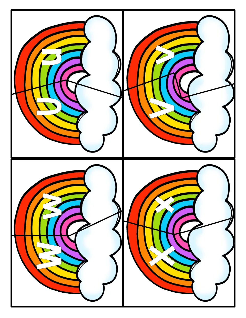 Letter matching U to X: students join rainbow puzzle pieces to match uppercase U, V, W, X with their lowercase partners