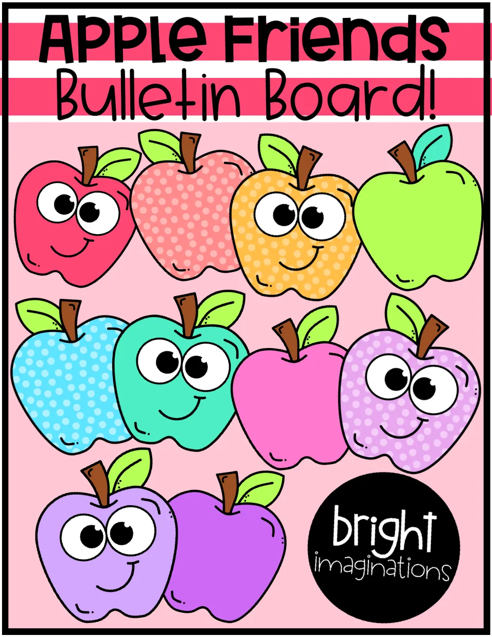 Apple Friends Bulletin Board cover showing ten apples in rainbow colors, some polka-dotted and some with smiling faces