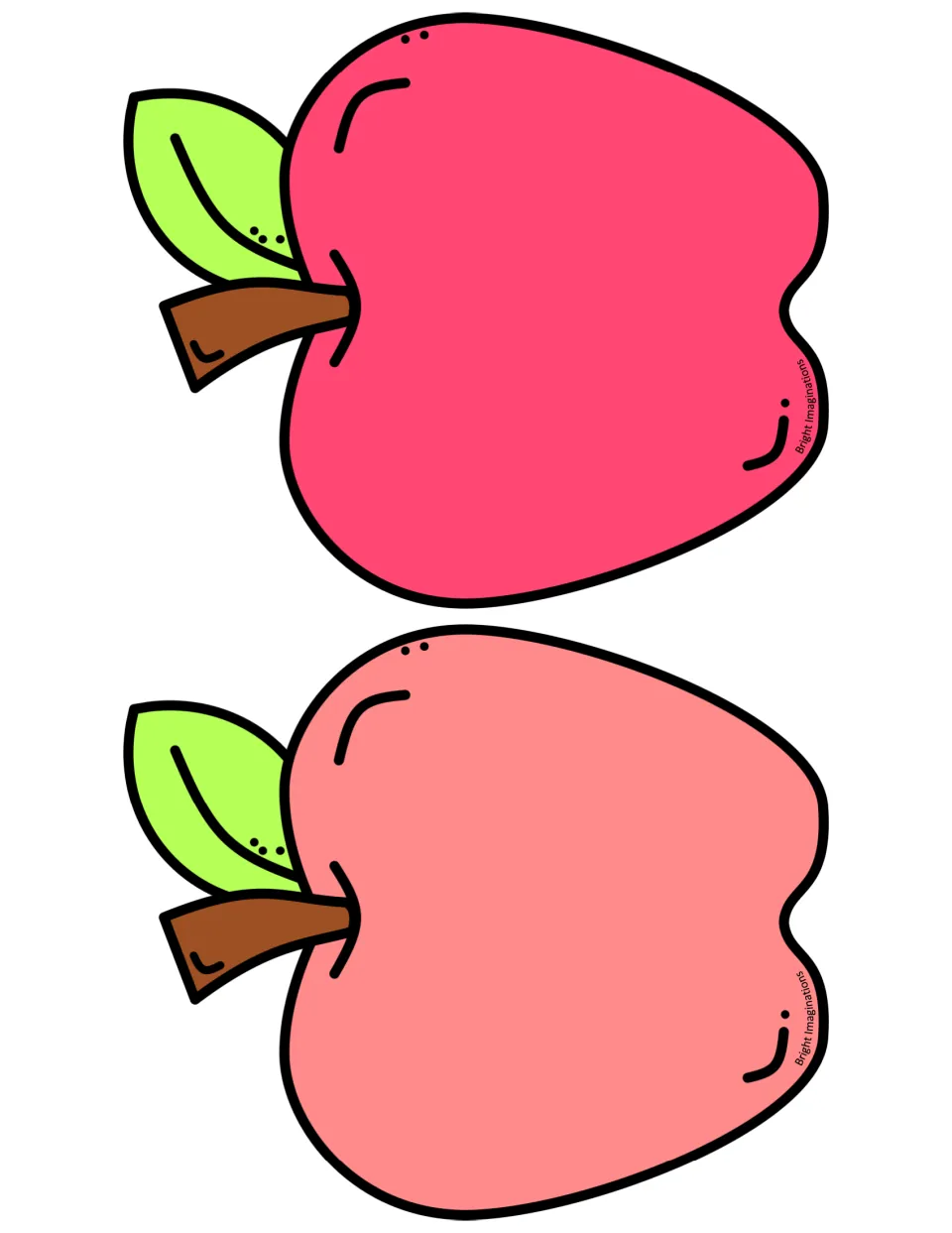 Two large plain apple cutouts, one red and one coral, each with a brown stem and green leaf, printed sideways to cut out