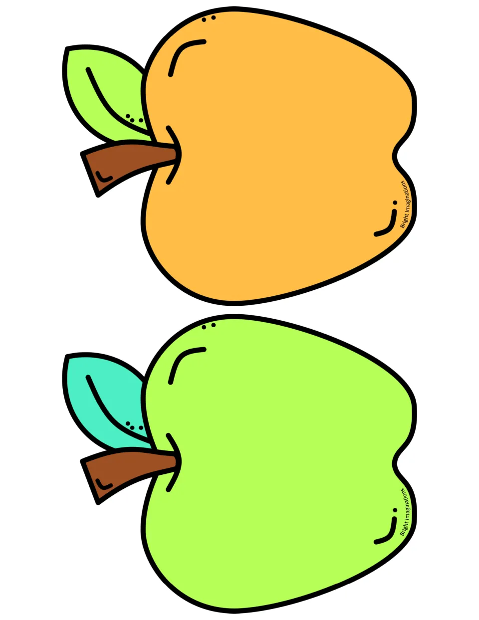 Two large plain apple cutouts, one orange with a green leaf and one lime green with a teal leaf, ready to cut and display