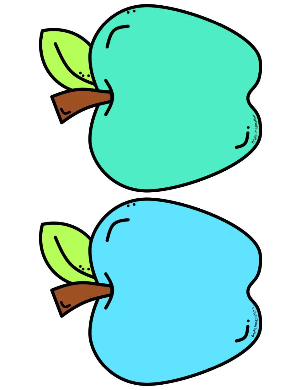 Two large plain apple cutouts in teal and sky blue, each with a brown stem and green leaf, for bulletin board decor