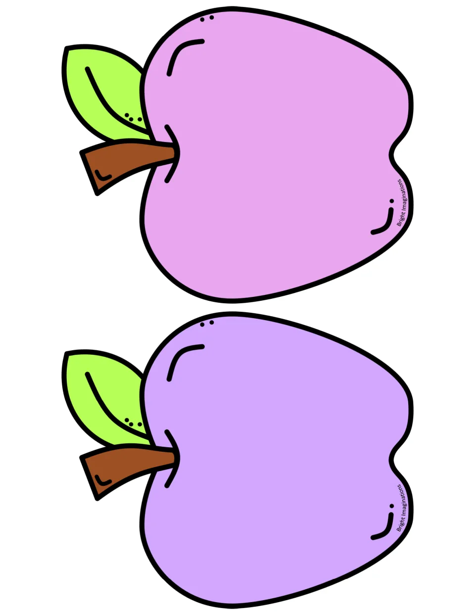 Two large plain apple cutouts in light pink-lilac and lavender, each with a brown stem and green leaf, ready to trim