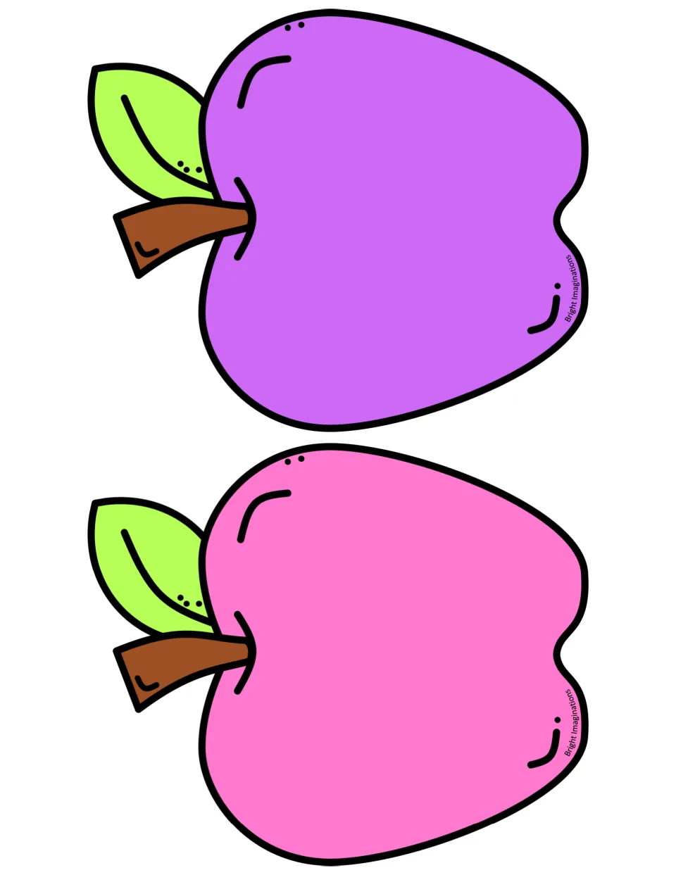 Two large plain apple cutouts, one bright purple and one hot pink, each with a brown stem and green leaf, to cut out