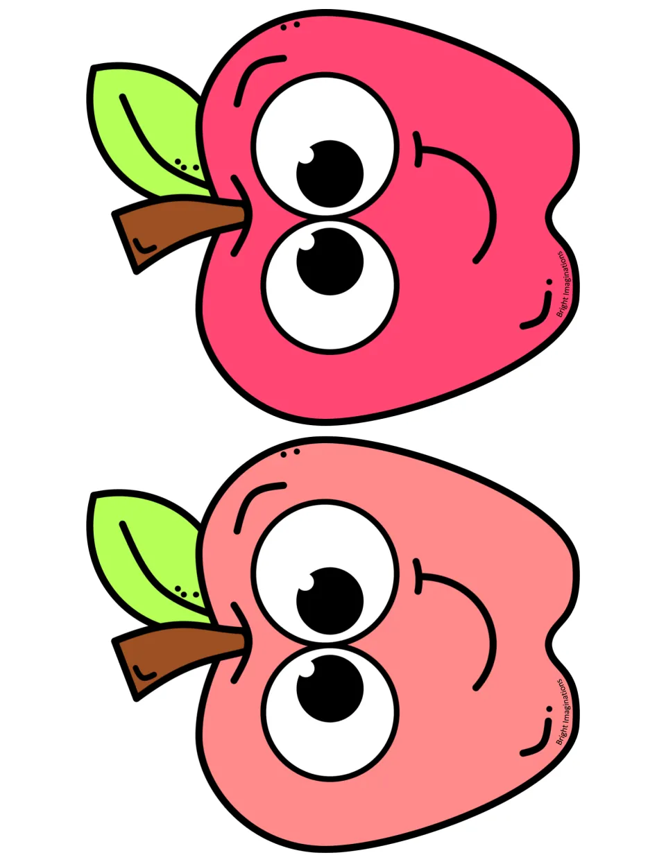 Two smiling apple characters with big googly eyes, one red and one coral, each with a stem and leaf, to cut and display