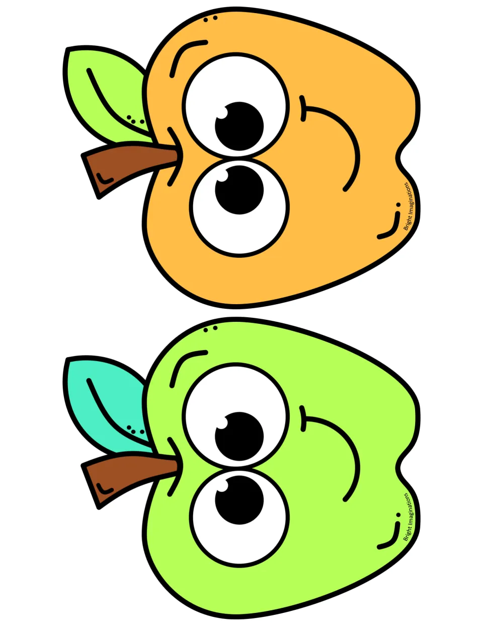 Two smiling apple characters with big eyes, one orange with a green leaf and one lime green with a teal leaf, to cut out