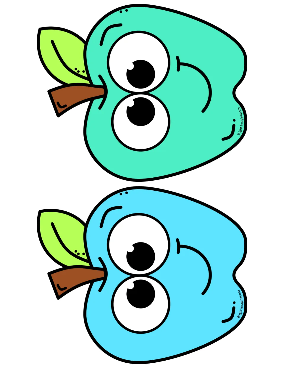 Two smiling apple characters with big eyes in teal and sky blue, each with a brown stem and green leaf, for room decor