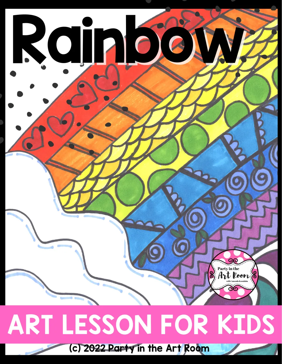 Rainbow Art Lesson for Kids cover showing a marker-colored rainbow with a different doodle pattern in each band