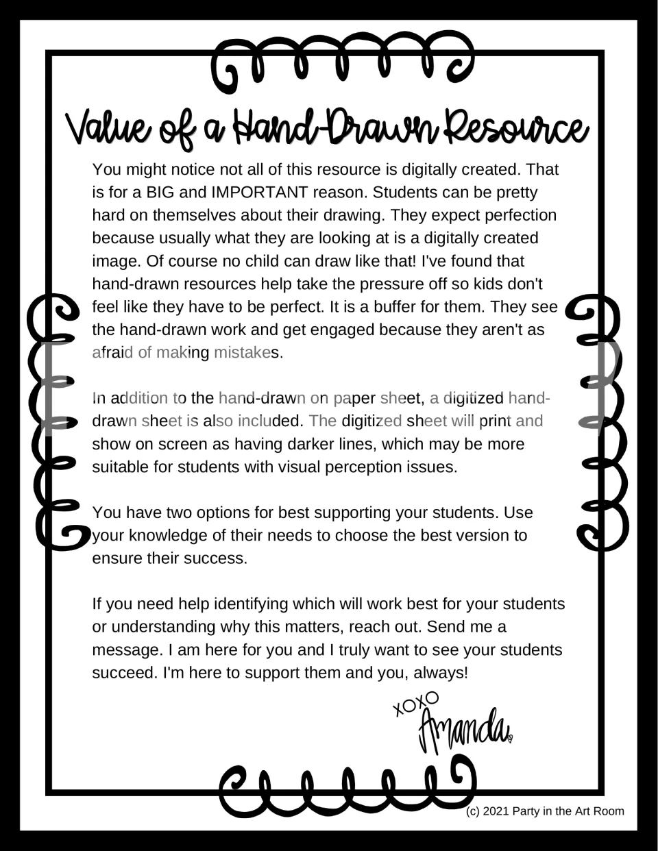Value of a hand-drawn resource: author's note on why sheets are hand-drawn and a darker digitized version is included