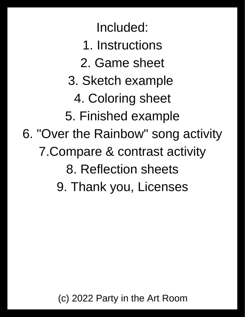 Contents list: instructions, game sheet, sketch and finished examples, song, compare and contrast, and reflection sheets