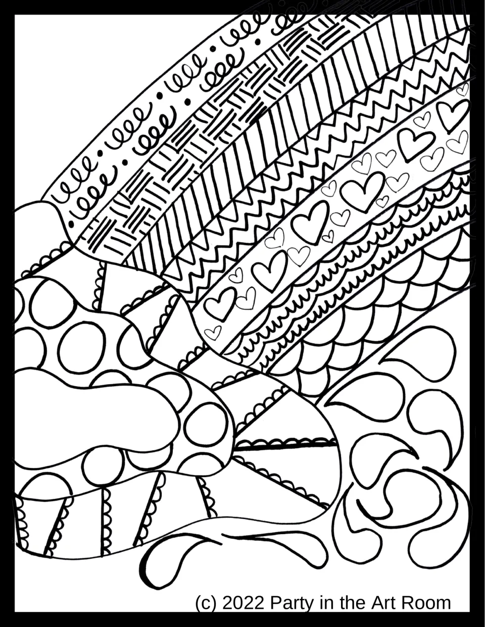 Sketch example: black-line rainbow with a rolled pattern in each band, such as loops, hearts, zigzags and scallops