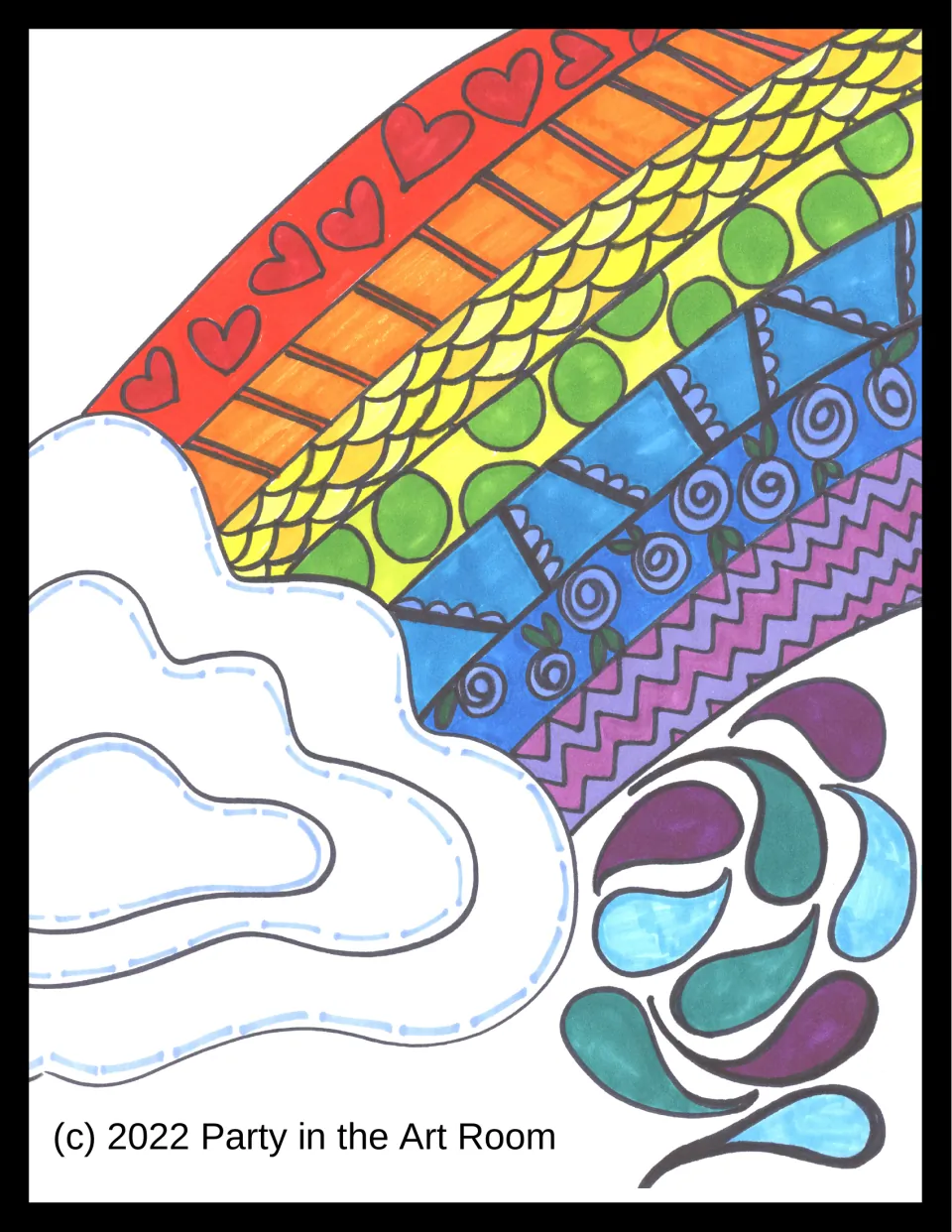 Finished example: rainbow colored in marker with hearts, scales, dots and spirals, beside a cloud and teal teardrops
