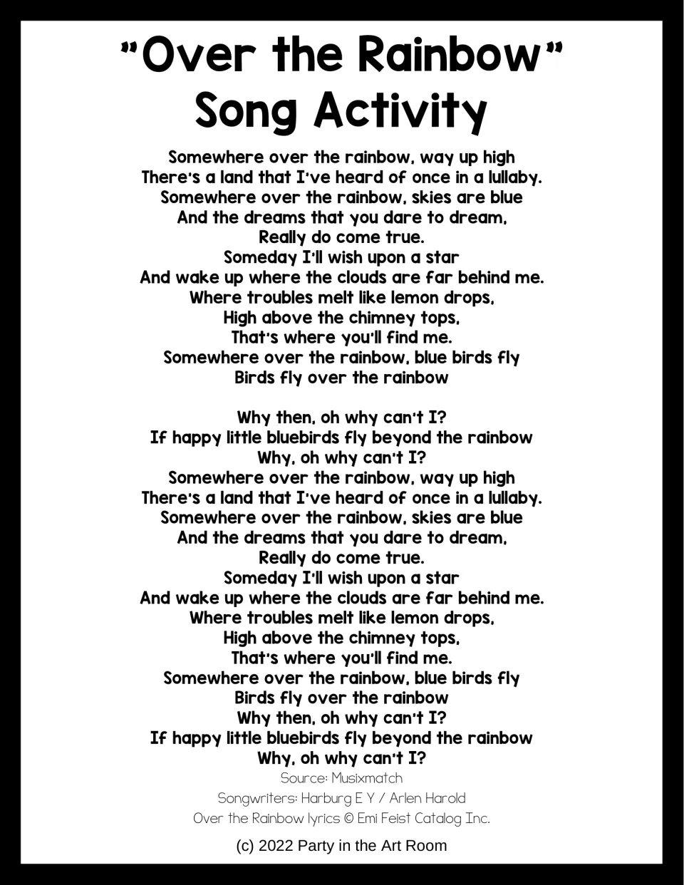 Over the Rainbow song activity: full lyrics of the song for students to read or sing, with songwriter and source credits