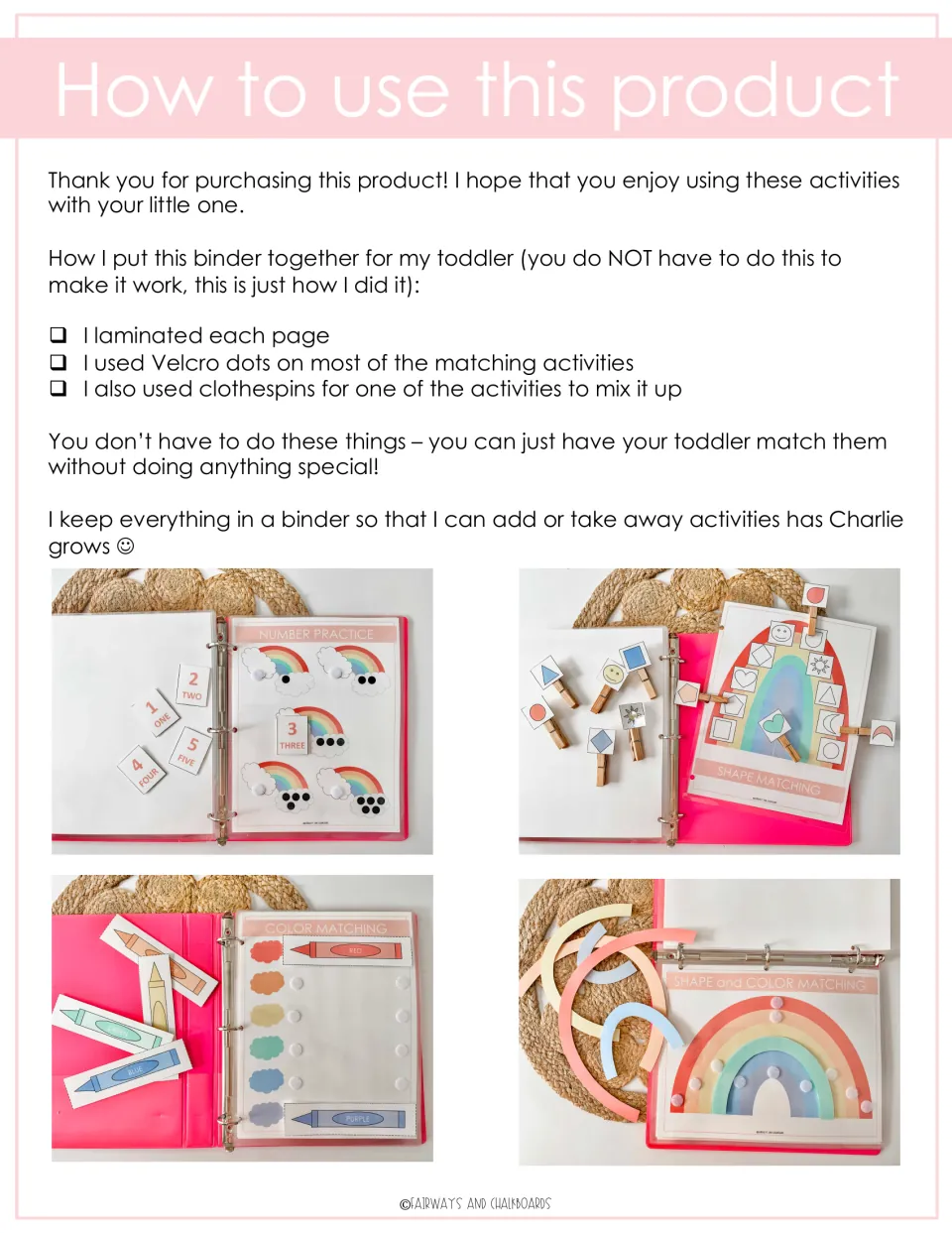 How to use this product: laminate pages, add Velcro dots or clothespins, with photos of number, shape and color matching