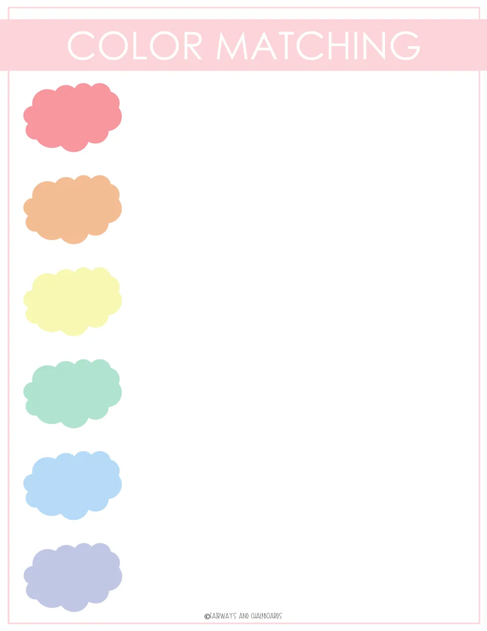 Color matching board: six pastel clouds in red, orange, yellow, green, blue and purple for matching crayon cards