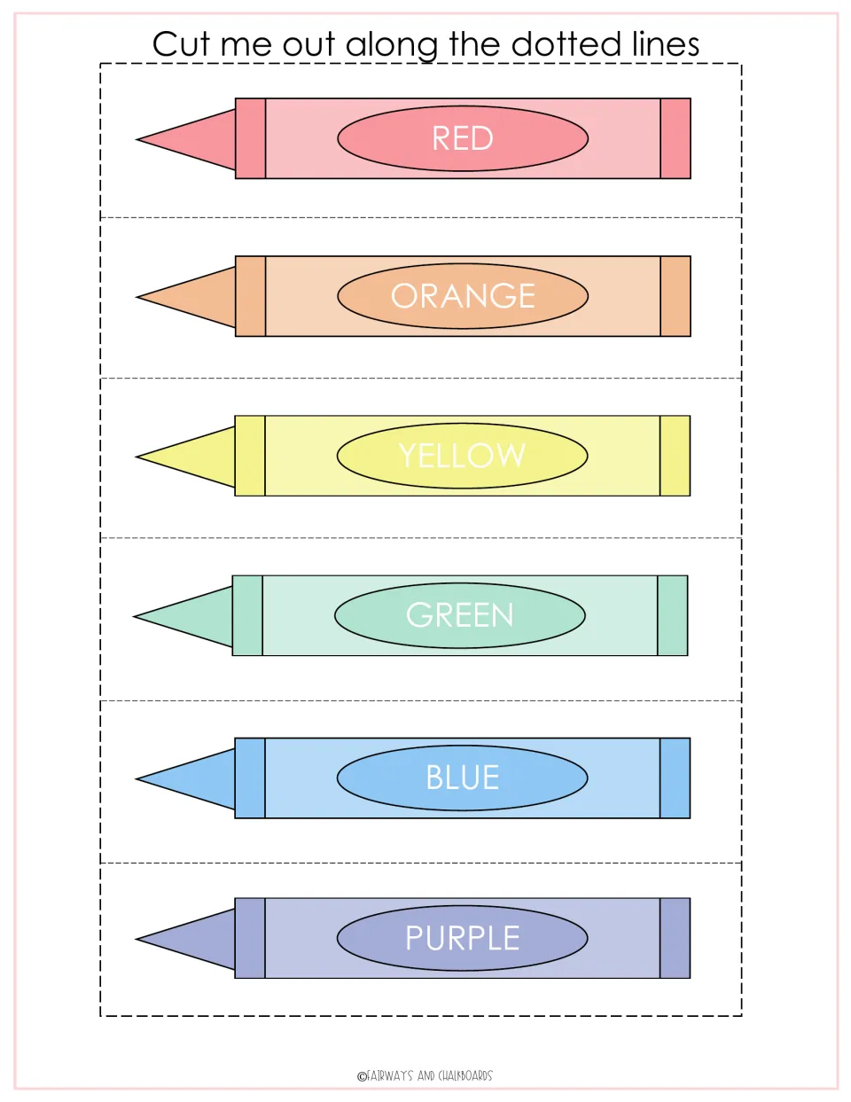Crayon cut-out pieces labeled red, orange, yellow, green, blue and purple to cut on the dotted lines for color matching