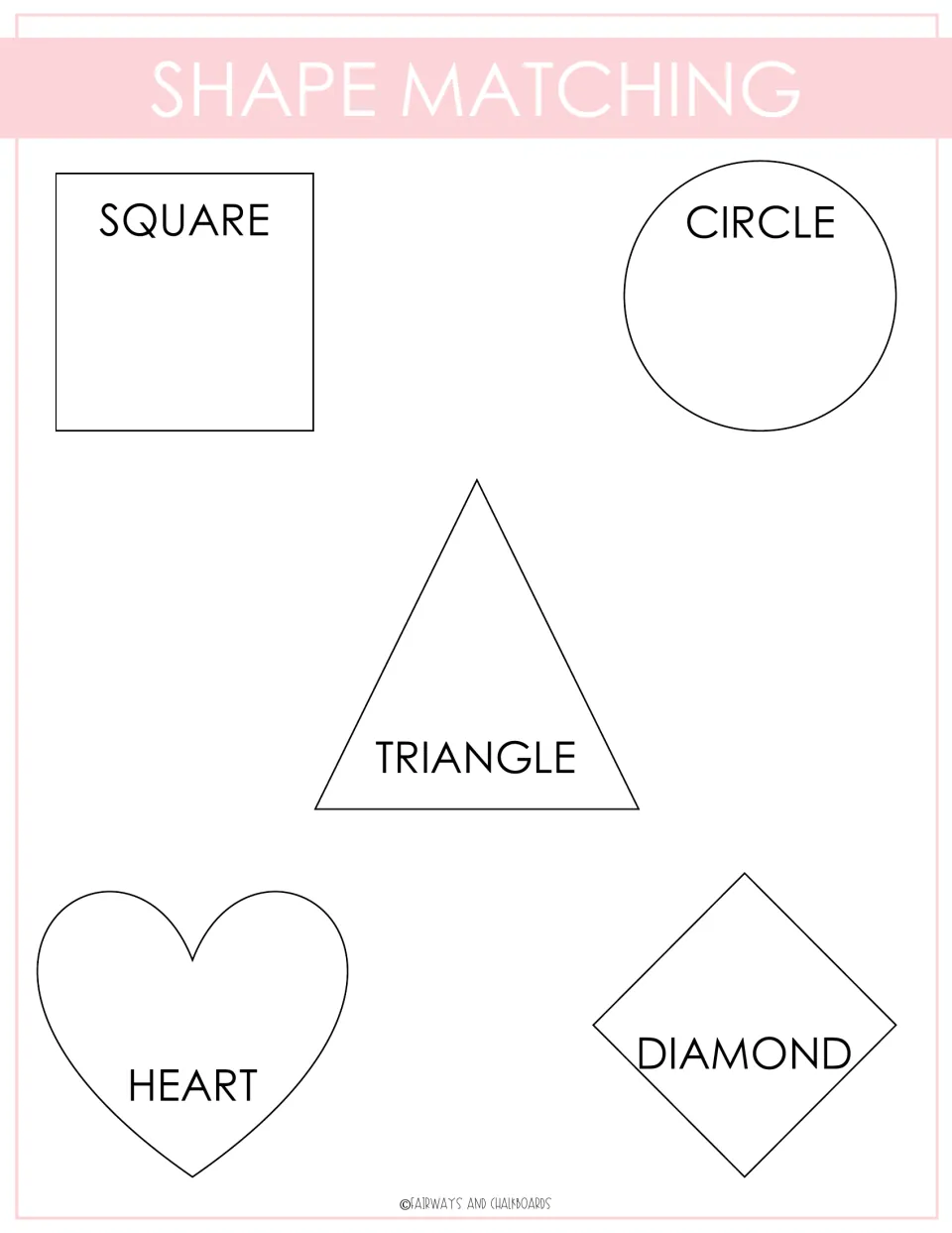 Shape matching board: outlined square, circle, triangle, heart and diamond, each labeled, for matching shape cut-outs