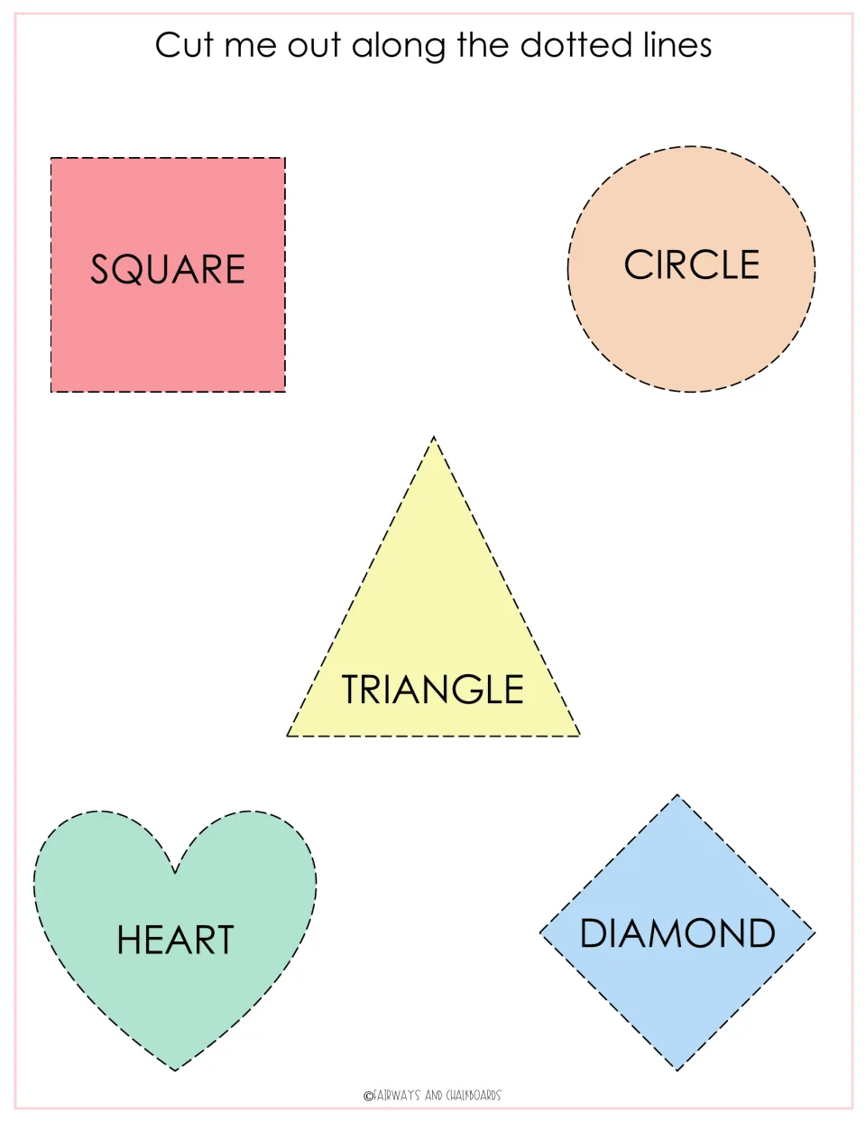 Shape cut-out pieces: colored, labeled square, circle, triangle, heart and diamond to cut out and match to their outlines