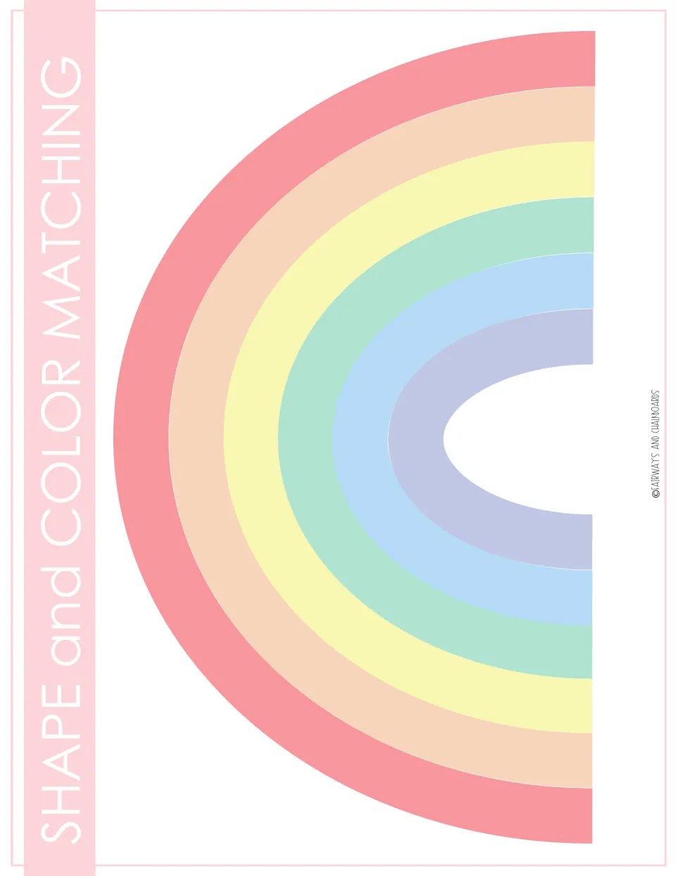 Shape and color matching: a full pastel rainbow of six colored arcs where children place matching rainbow layer pieces