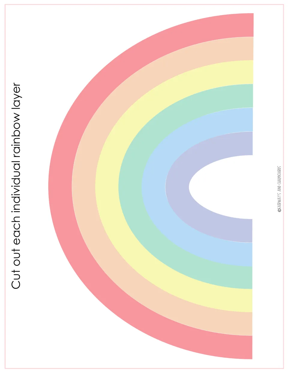 Rainbow layer cut-out pieces: six pastel arcs from red to purple to cut apart for matching onto the rainbow board
