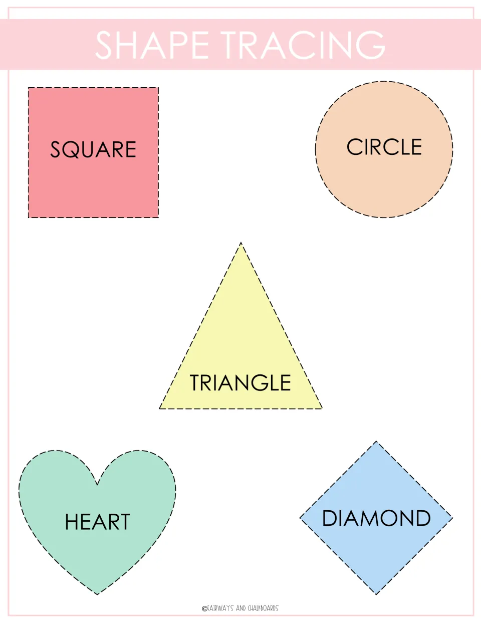 Shape tracing: children trace dashed outlines of a colored square, circle, triangle, heart and diamond, each labeled