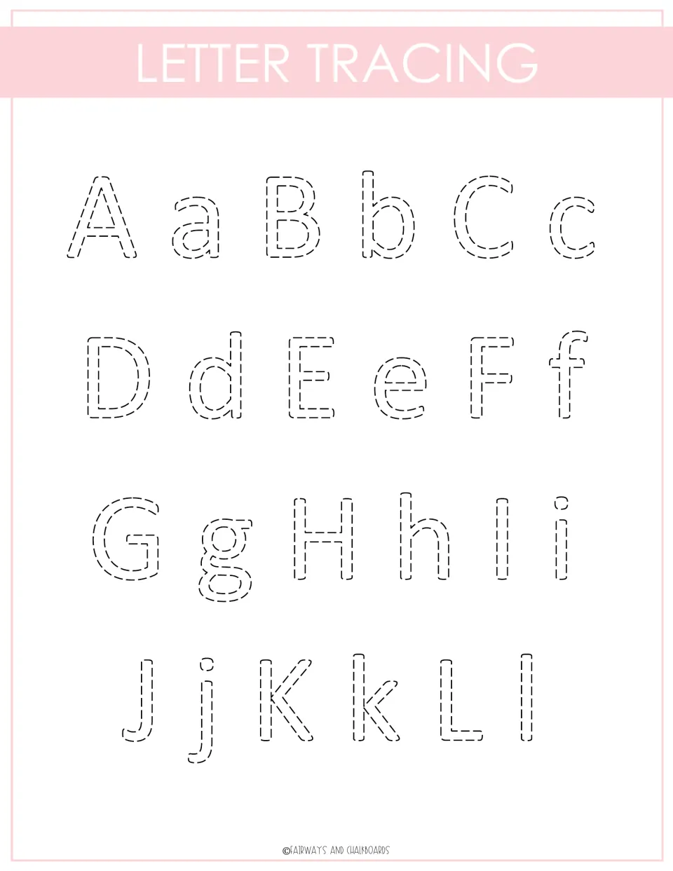 Letter tracing: children trace dashed uppercase and lowercase letter pairs Aa through Ll to practise letter formation