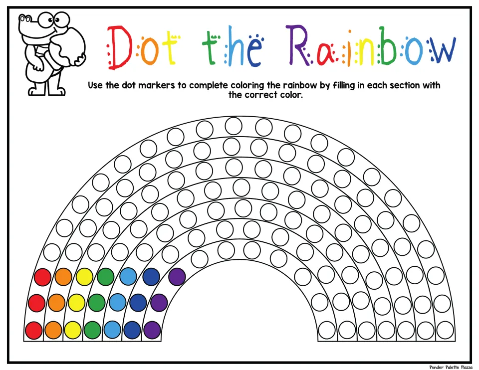 Dot the Rainbow: students use dot markers to fill each rainbow band, matching the sample red-to-purple color dots