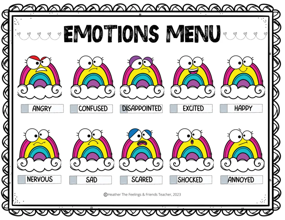 Emotions Menu in color: 10 rainbow faces labeled angry, sad, happy, scared, excited and more for naming feelings